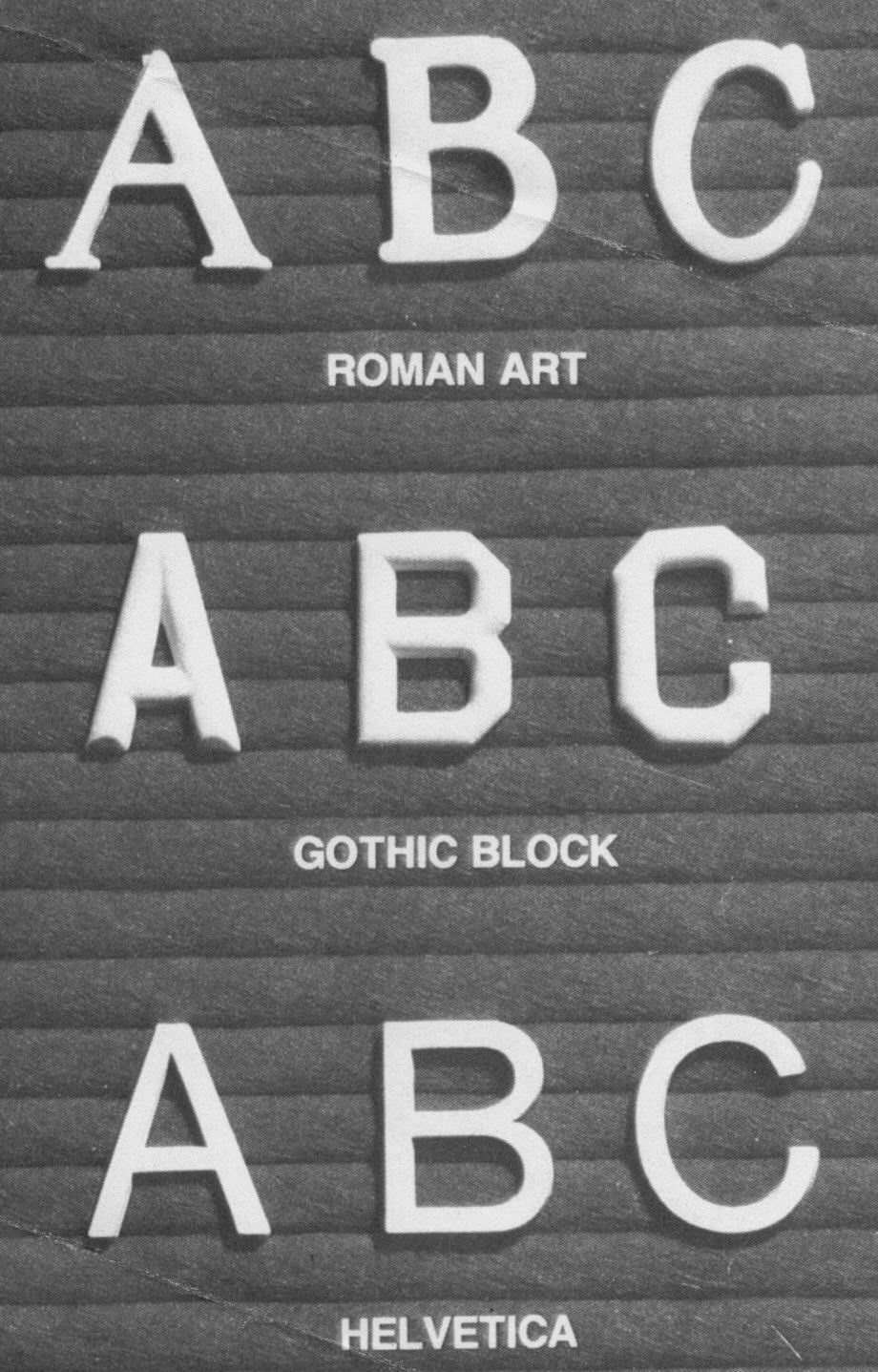 Roman, Gothic and Helvetica Font Examples in Lynn Letters