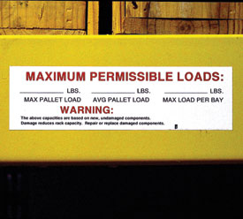 maximum load label on warehouse rack beam