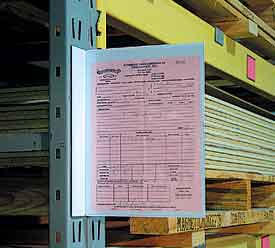 aisle sign pouch on a warehouse rack upright